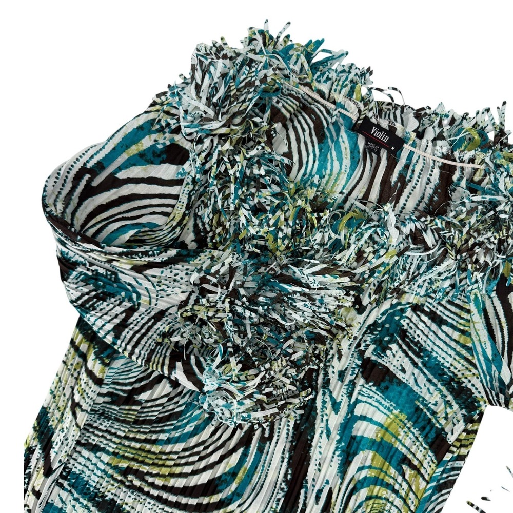 Violin Abstract Swirl Pleated Blouse‎ Teal Green Brown Fringe Trim  Medium